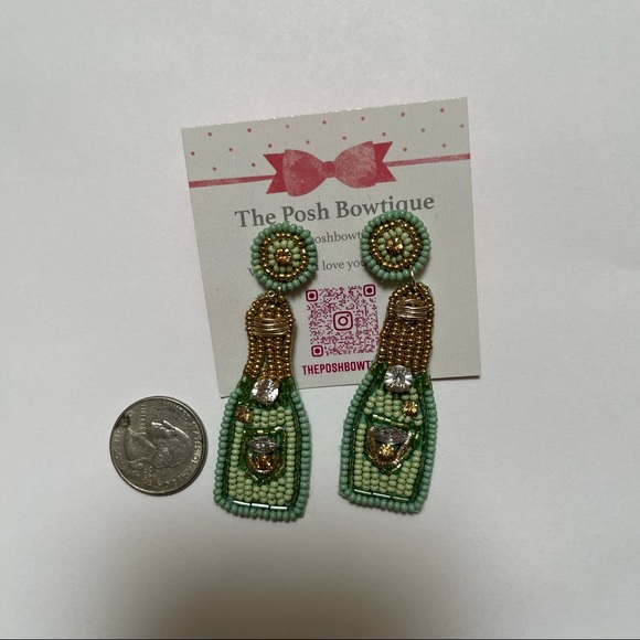 Mint Green Seed Beaded Champagne Bottle Statement Drop Earrings - Picture 7 of 11